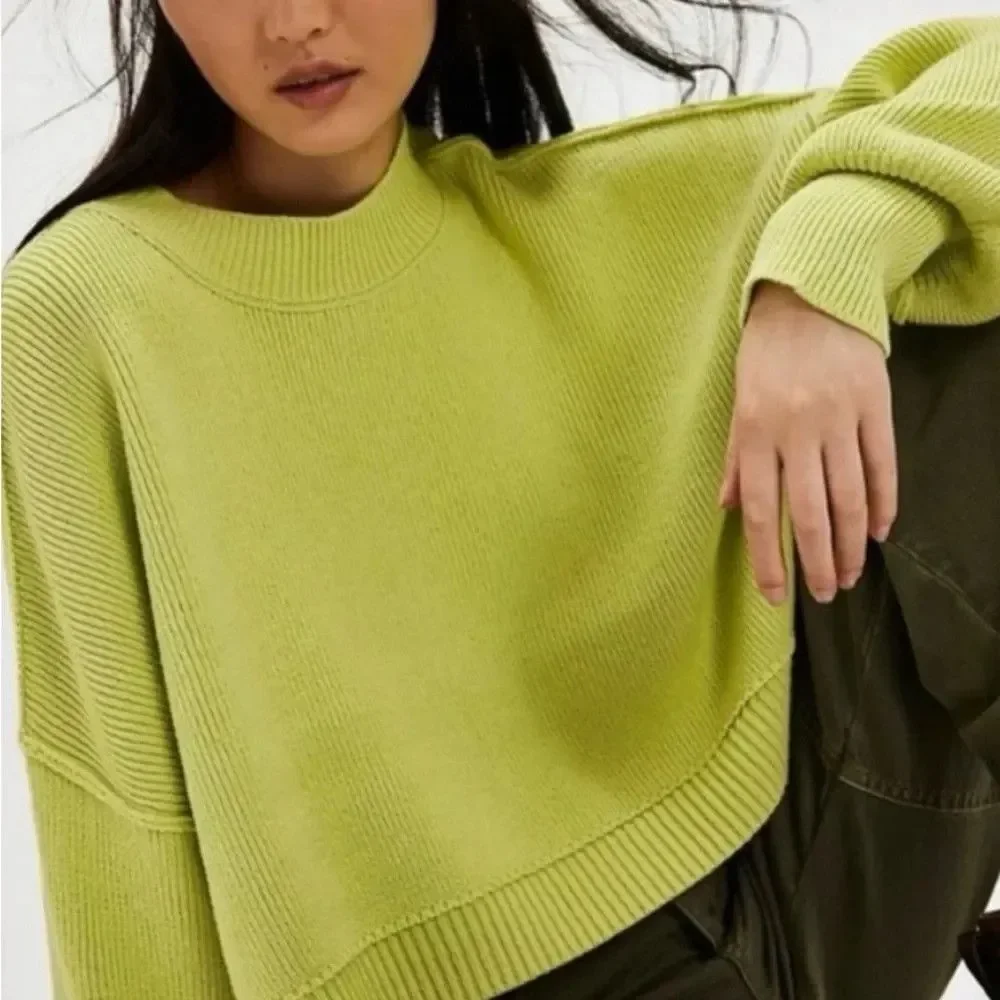 Free People Oversized Cropped Rib Knit Sweater Green Cotton Blend Size S/P